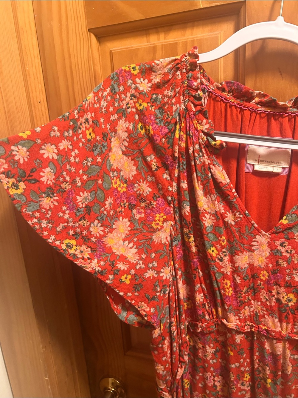 Anthropologie Ruffled Red Multi Colored Floral Midi Dress L - Picture 4 of 8